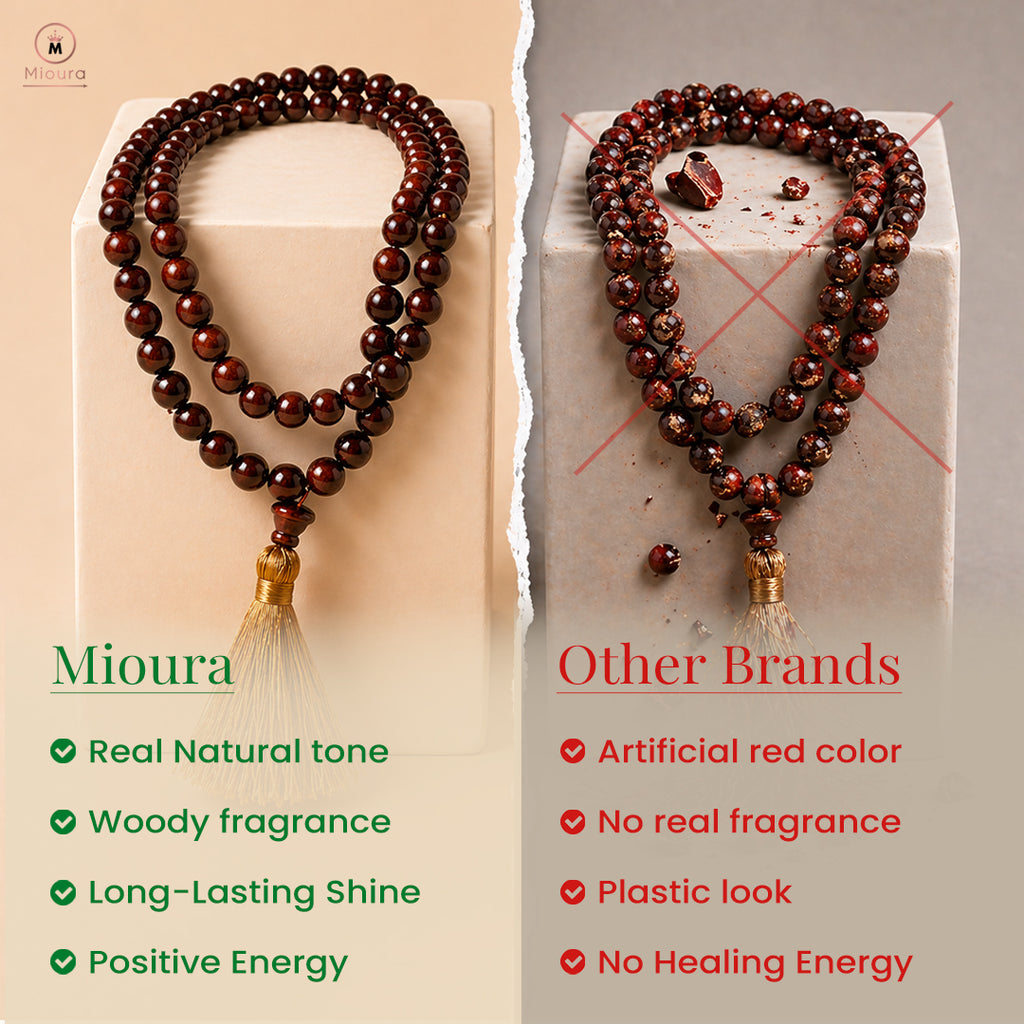 Mioura Red Sandalwood Mala (Rakta Chandan) – Govt Lab Certified | 108 Beads for Meditation, Protection & Spiritual Growth