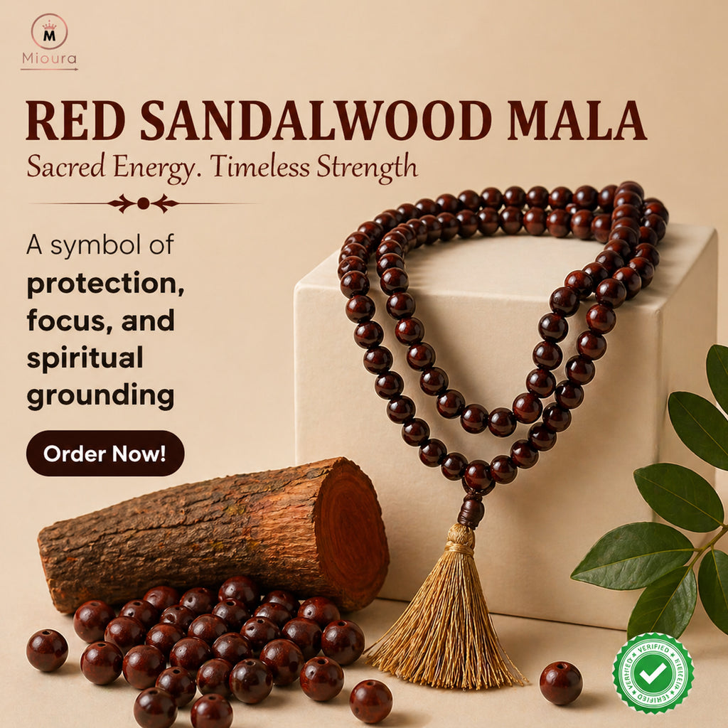 Mioura Red Sandalwood Mala (Rakta Chandan) – Govt Lab Certified | 108 Beads for Meditation, Protection & Spiritual Growth