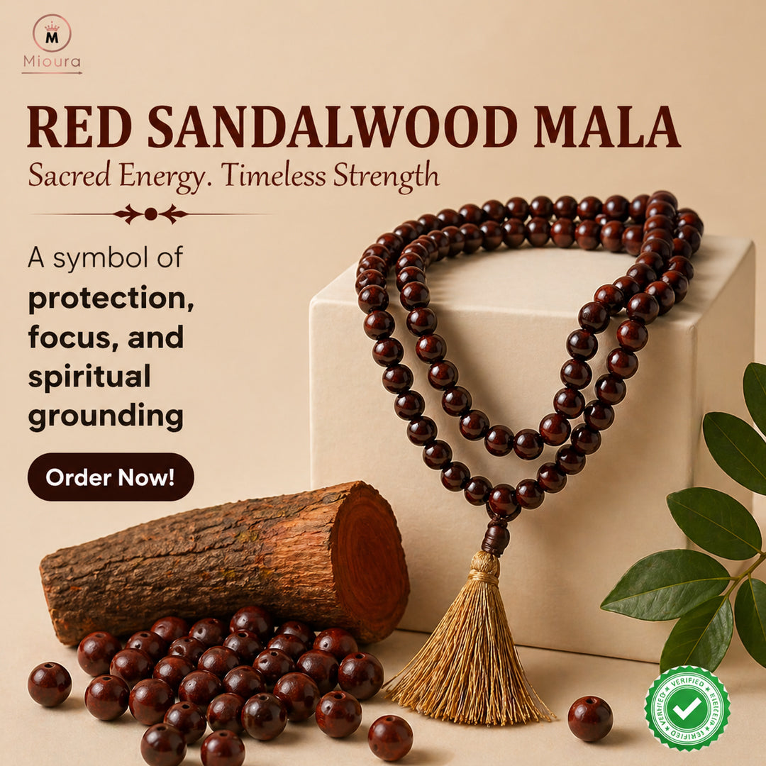 Mioura Red Sandalwood Mala (Rakta Chandan) – Govt Lab Certified | 108 Beads for Meditation, Protection & Spiritual Growth