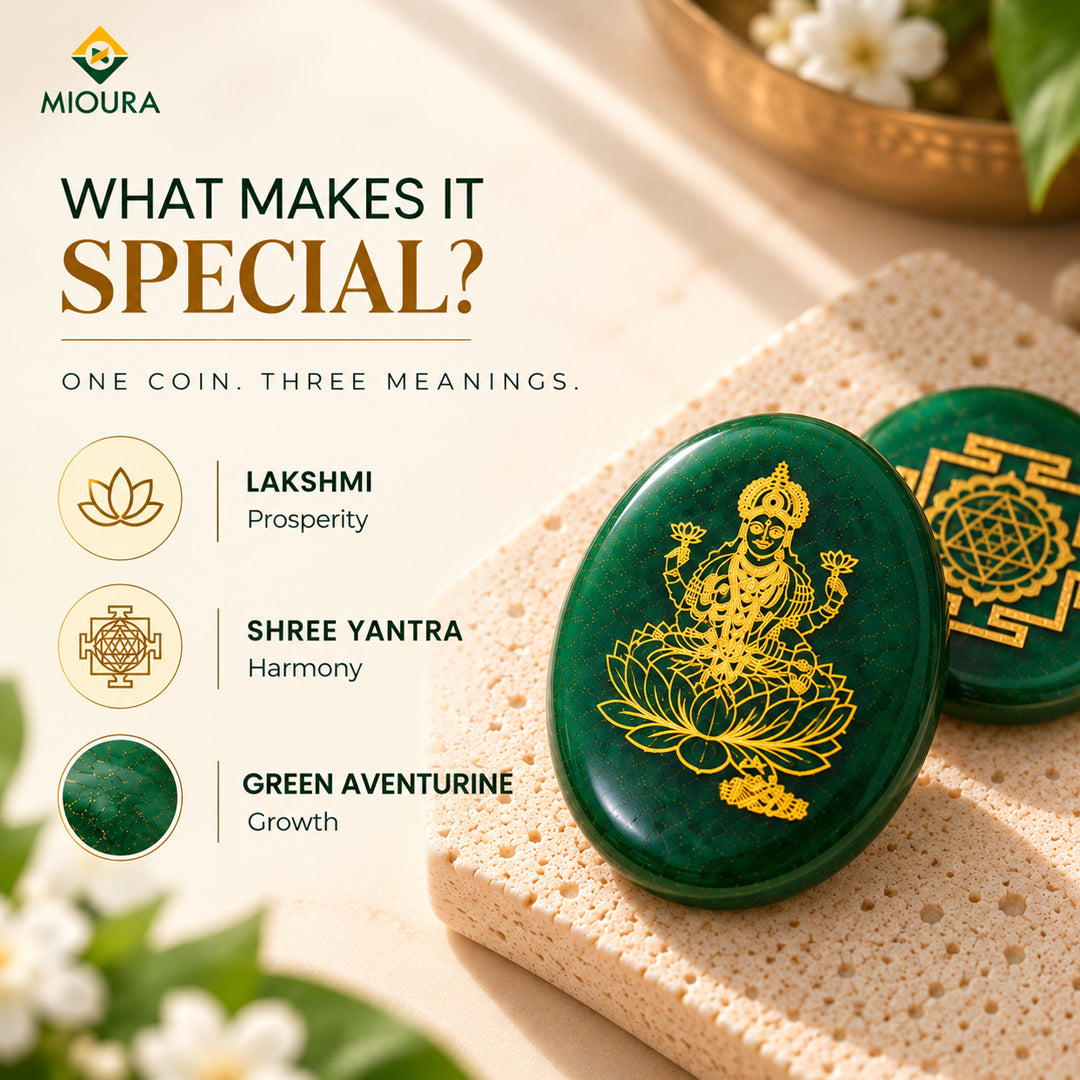 Lakshmi Shree Yantra Zibu Coin – Green Aventurine | Mioura