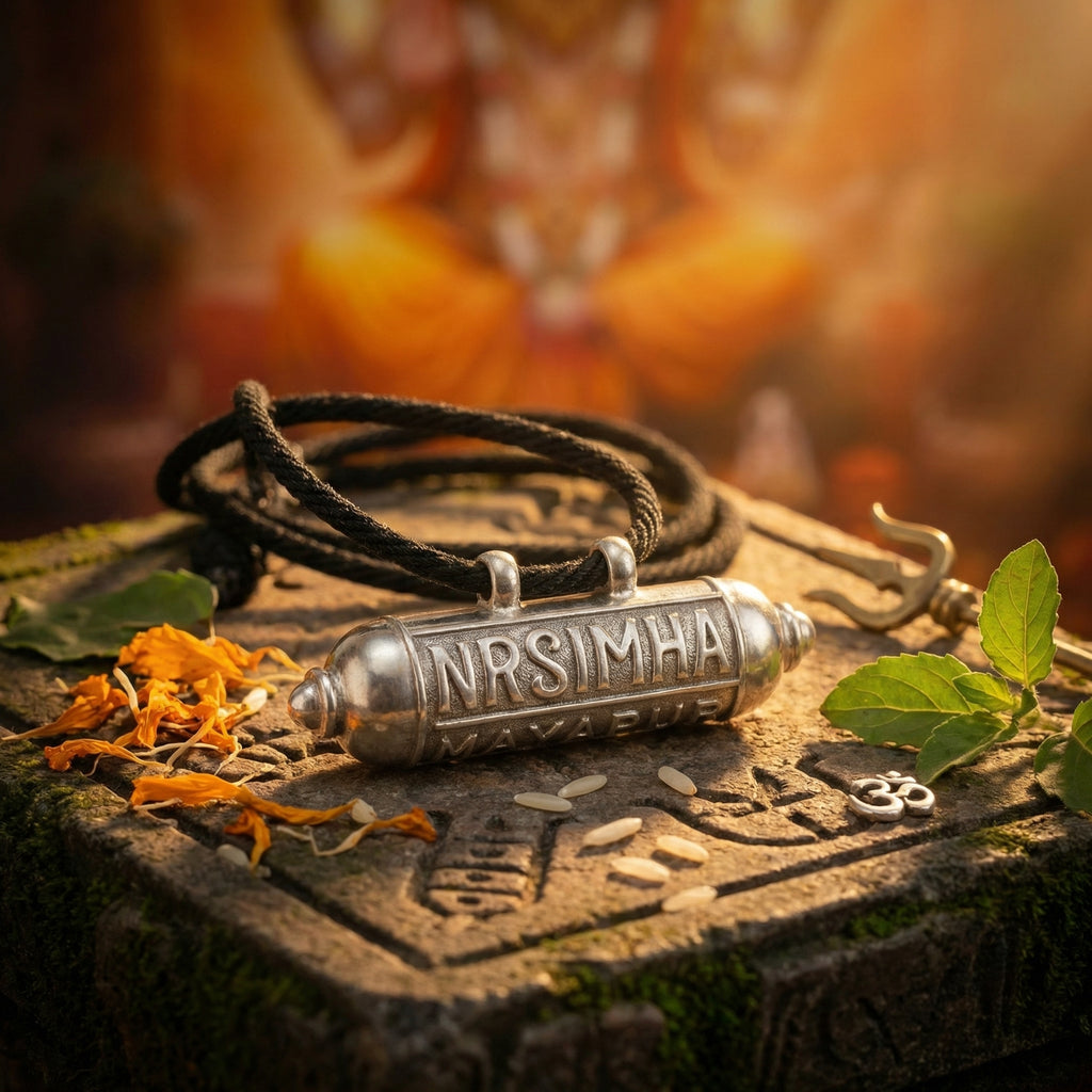 Silver pendant with 'NRSIMHA' engraved on a stone surface with leaves and flowers.