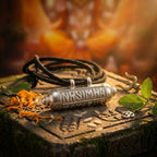 Silver pendant with 'NRSIMHA' engraved on a stone surface with leaves and flowers.