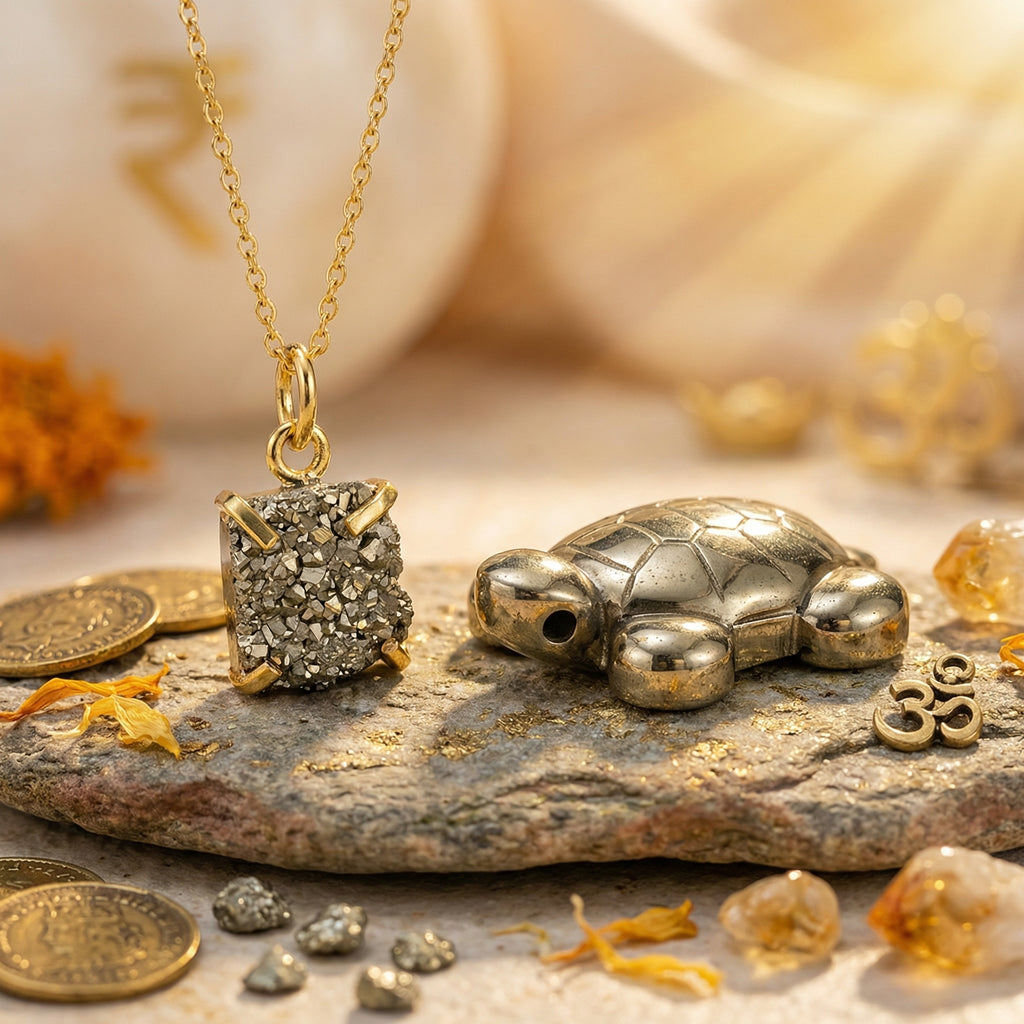 Gold and silver turtle pendant with chain on a stone surface with coins and flowers.