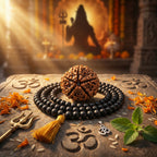 Meditation scene with rudraksha beads and om symbol on a stone surface.