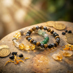 Two beaded bracelets on a stone surface with coins and stones around