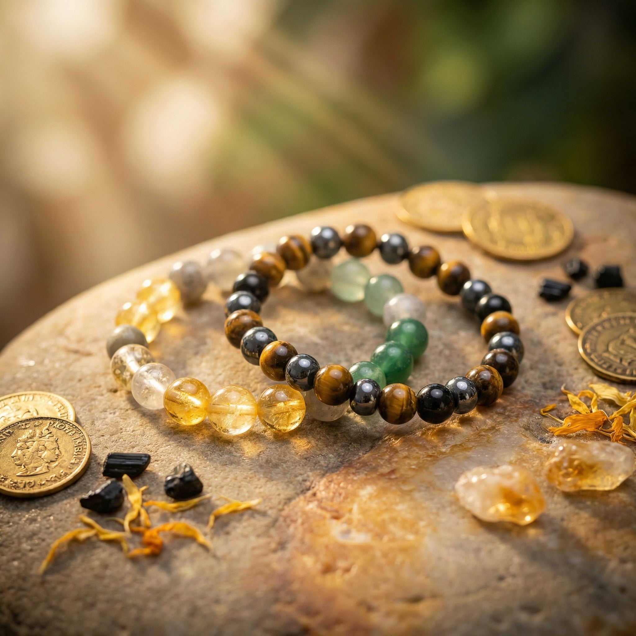 Two beaded bracelets on a stone surface with coins and stones around