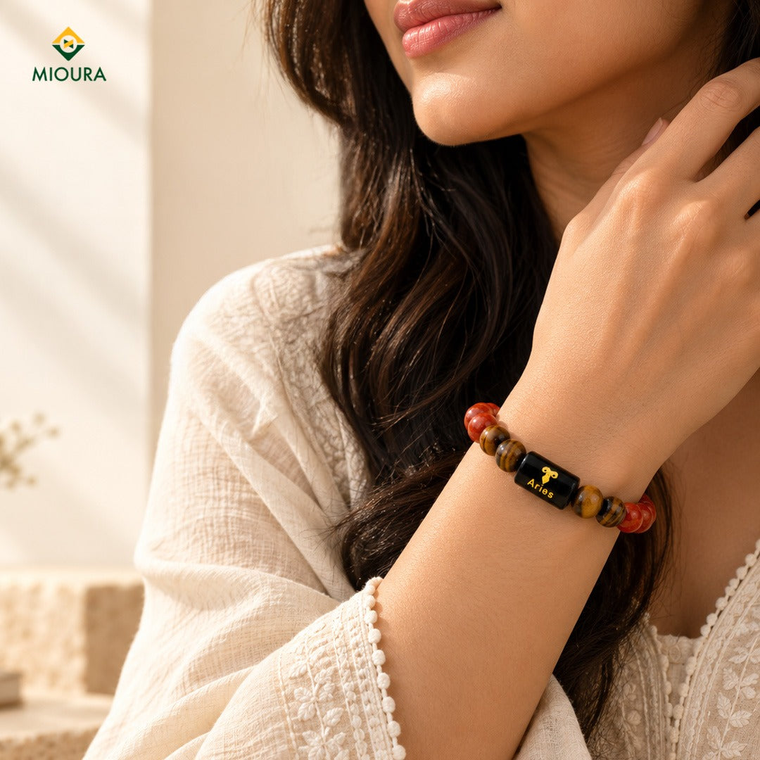 Aries (Mesh Rashi) Crystal Bracelet – Red Jasper, Tiger’s Eye & Black Obsidian