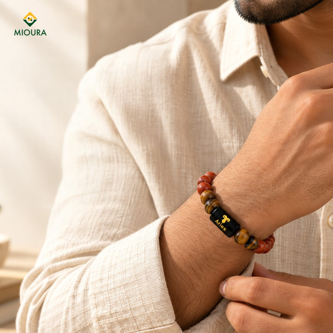 Aries (Mesh Rashi) Crystal Bracelet – Red Jasper, Tiger’s Eye & Black Obsidian
