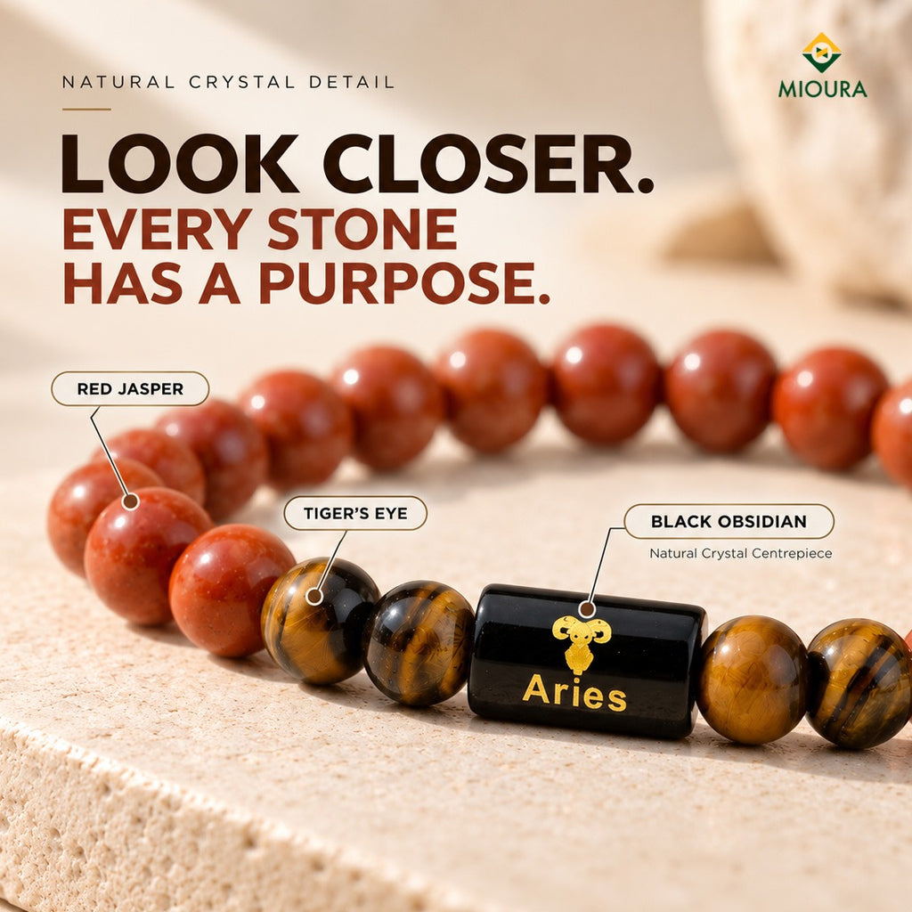 Aries (Mesh Rashi) Crystal Bracelet – Red Jasper, Tiger’s Eye & Black Obsidian